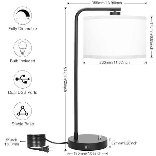 Table Lamp for Bedroom with USB C+A Ports, Fully Stepless Dimmable Farmhouse Bedside Lamp Nightstand Light, Tall Reading Desk Lamp for Living Room, Office, 9W LED Bulb Included