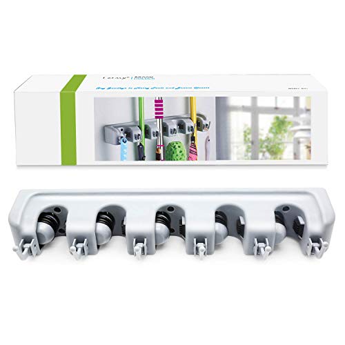 LETMY Broom Holder Wall Mounted - Mop and Broom Hanger Holder - Garage Storage Rack & Garden Tool Organizer - 5 Position 6 Hooks for Home, kitchen, Garden, Tools, Garage - color: Gray