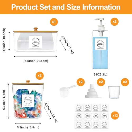 FEXIA 3+2 Pack Laundry Pods Containers and Dryer Sheet Holder with Laundry Detergent Dispenser Laundry Room Organization Storage Containers with Lids and Labels for Scent Booster,Powder,Pods