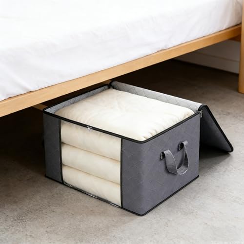 60L Grey Fabric Storage Bins with Lids & Clear Window, 3 Pack Collapsible Closet Organizers with Handles for Clothes, Blankets, Under Bed Storage - size: 3 x 60L