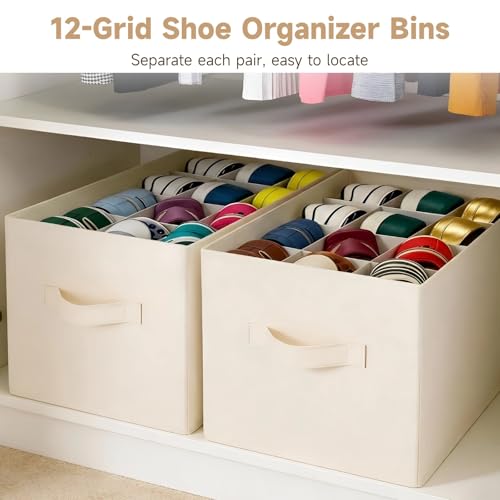 ZALIR 2 Pcs 12-Grid Shoe Organizer Bins, Foldable Cotton Linen Fabric Storage with Bottom Support Board, Space-Saving Foldable Container, 17.7 x 11.8 x 9.8 in for Closet Wardrobe Clothes