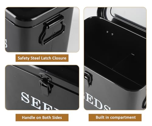 Seed Storage Organizer, T-Shape Compartment Seed Box with Safety Lock, Metal Seed Saving Box, Portable Seed Bin Container with Handle, Including 2 Pens 20 Plant Labels 50 Seed Envelopes-Black - color: Tall-Black