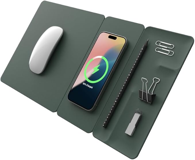 POUT H3 Split Max 3-in-1 Wireless Charging Mouse Pad – Fast Qi Charger Mousepad Mat and Magnetic Tray Organizer – Compatible with Smartphones and Earbuds (Deep Green)