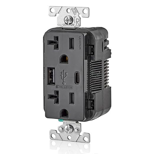 Leviton Type A &amp Type-C USB In-Wall Charger with 20A Tamper-Resistant Outlet USB Charger for Smartphones and Tablets. Not for Laptops T5833-E Black