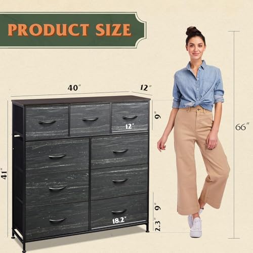 WLIVE 9-Drawer Dresser, Fabric Storage Tower for Bedroom, Entryway, Closet, Tall Chest Organizer Unit with Fabric Bins, Steel Frame, Wood Top, Easy Pull Handle, Charcoal Black Wood Grain Print - color: Charcoal Black Wood Grain Print