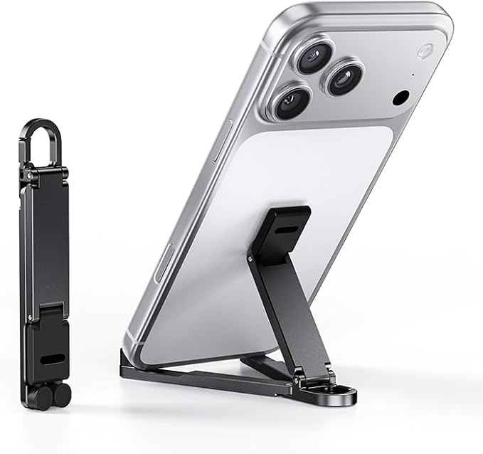 Portable Phone Stand Foldable EDC Keychain Phone Holder with Snap Hook Mini Aluminum Travel Cell Phone Stand for iPhone and Smartphones Under 8 Inches(Black)