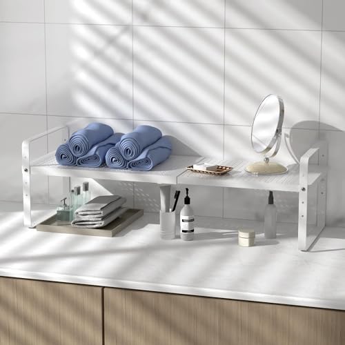 Expandable Kitchen Cabinet Shelf Organizer Rack Heavy Duty Metal Spice Rack Stackable Kitchen Counter Storage Shelf for Kitchen Cabinet Pantry Bathroom (White - 16.5"-27" L x 10.2" W x 9.6" H - 3Pack) - color: White - 16.5"-27" L X 10.2" W X 9.6" H - 3pac