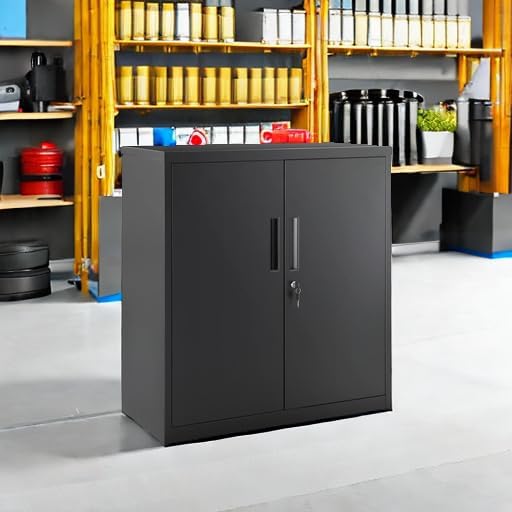 SONGMICS Garage Cabinet, Metal Storage Cabinet with Doors and Shelves, for Home Office, Garage and Utility Room, Black UOMC013B01