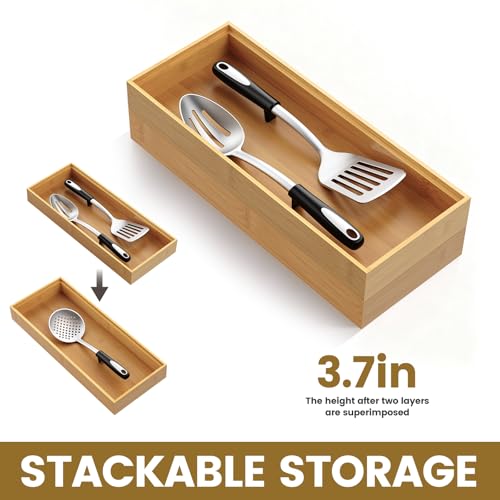 Bamboo Drawer Organizer, Stackable Utensil Trays for Kitchen, Wood Silverware Organizer for Drawer, Set of 2-15"x6"x2"