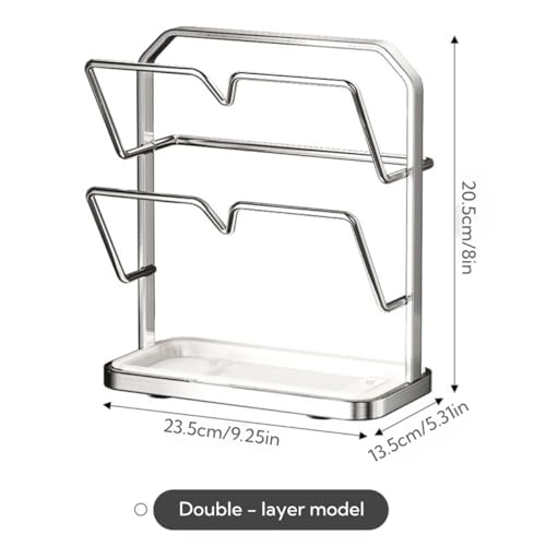 Stainless Steel Pot Lid Rack, Kitchen Pot Lid Storage Organizer, Multi Functional Countertop Spoon Holder While Cooking, Silver, Double-Layer Model