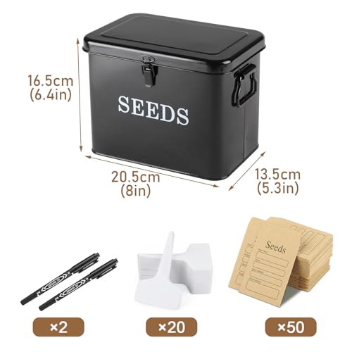 Seed Storage Organizer, T-Shape Compartment Seed Box with Safety Lock, Metal Seed Saving Box, Portable Seed Bin Container with Handle, Including 2 Pens 20 Plant Labels 50 Seed Envelopes-Black - color: Tall-Black