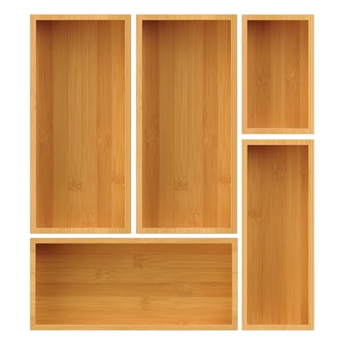 Bamboo Drawer Organizer Set, 5-Piece Storage Trays for Kitchen, Bathroom, Office Desk, Makeup & Junk Drawers,Utensils