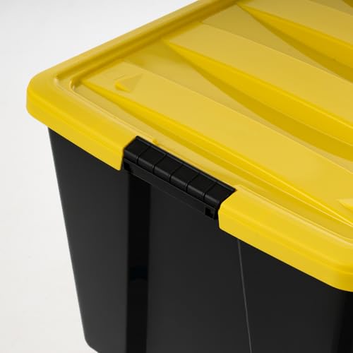 IRIS USA 72 Qt Stackable Plastic Storage Bins with Lids, 6 Pack - BPA-Free, Made in USA - Garage Organizing Solution, Latches, Durable Nestable Containers, Secure Pull Handle - Black/Yellow - size: 72 Qt, style: 6 Pack