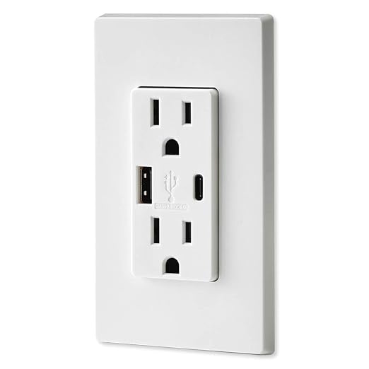 Leviton 30W (6A) USB Dual Type-C/C Power Delivery In-Wall Charger with 15A Tamper-Resistant Outlet USB Charger for Smartphones Tablets Laptops T5635-E Black