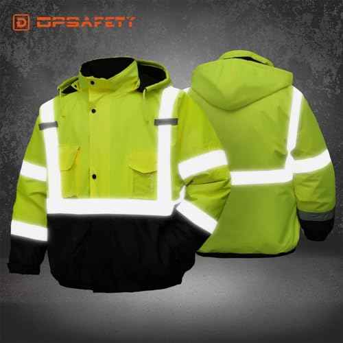 Safety jacket for men,Reflective high Visibility Hooded jacket,Hi-Vis Bomber Jacket with Pockets and Zipper,Waterproof,Black Bottom,ANSI/ISEA 107-2020 Type R Class 3,Lime