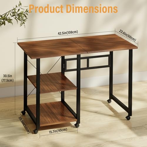 Funecy Folding Desk with Storage Shelf, Writing Office Computer Desk, 42.5 Inch Multi-Purpose Folding Dining Table, Mobile Table with Wheels (Brown)