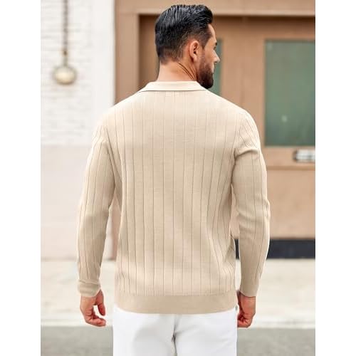 COOFANDY Mens Sweaters Polos Long Sleeve V Neck Knit Polo Lightweight Casual Pullover Sweater