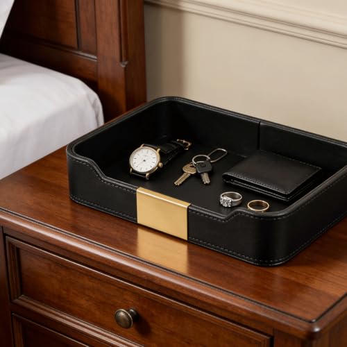 Luxury Leather Valet Tray,Jewelry Tray,Desktop Storage Organizer,Caddy Holder for Cosmetic,Jewelry,Watch,Keys,Phone,Wallet,Remote Controller,Pen, (black) - color: black