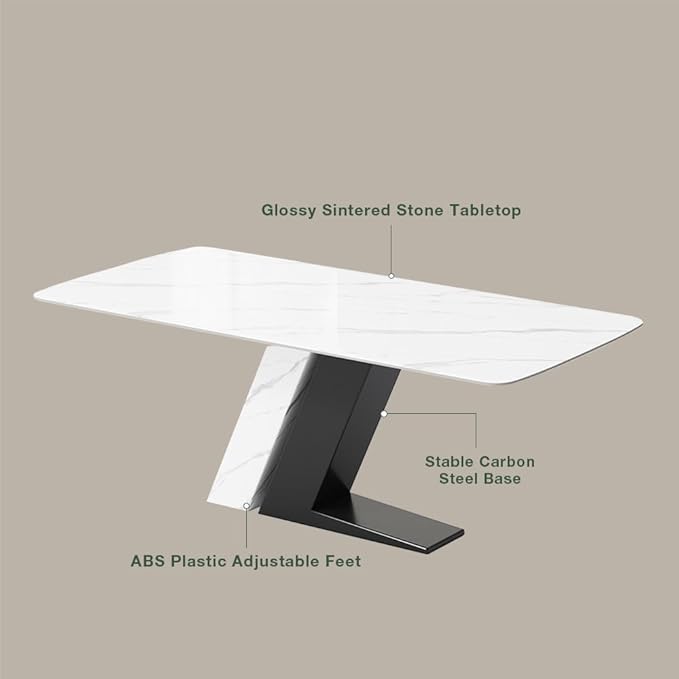 POVISON 71" Luxury Modern Dining Table for 6, Sintered Stone Dining Table Top with Z-Shaped Stainless Steel Pedestal, Rectangle Dining Room Table (Table Only)