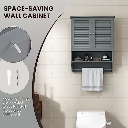 Tangkula Wall Mounted Bathroom Cabinet with Open Shelf & Bar, Medicine Cabinet with Double Louvered Doors, Wall Storage Cabinet with Adjustable Shelf, for Bathroom Living Room Kitchen (Grey) - color: Grey