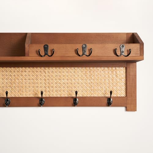 Coat Rack Wall Mount with Hooks & Shelf - Wooden Entryway Organizer for Hanging Coats, Keys, Hangers - Space Saving Durable Wood Holder for Hallway, Bedroom, Office-The Rattan Model