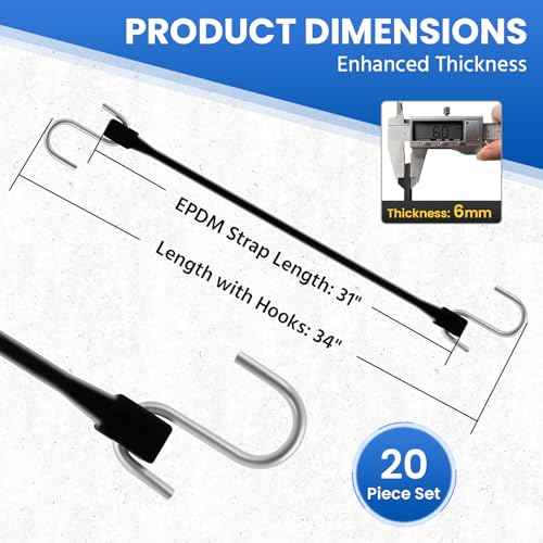 ROBLOCK 31" (20 Packs) Bungee Cords with Hooks Rubber Tarp Straps with 150% Max Stretch, 100% EPDM Bungee Cords with Metal Crimped S Hooks, Ideal for Securing Tarps, Cargo, Canvases, Weatherproof