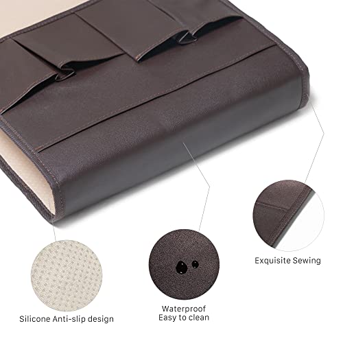 PU Leather Sofa Armrest Organizer, Armchair Magazine Holders, Waterproof Remote Holder for Recliner Couch with 1 Large Pocket, 4 Small Pockets for Magazine, Remote, Phone, Ipad, Books (brown)
