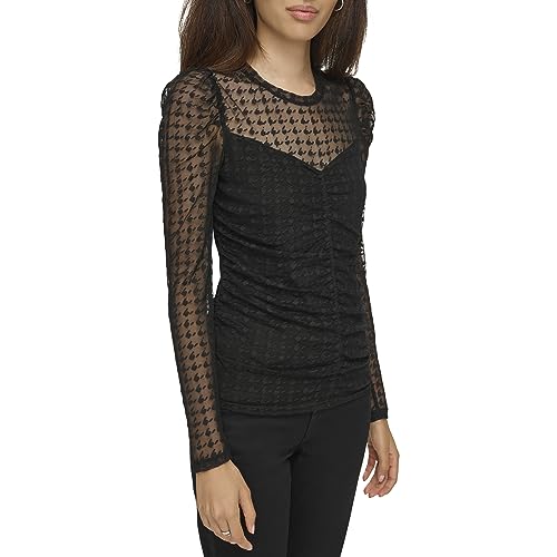 KARL LAGERFELD Womens Houndstooth Mesh Long Sleeve Blouse