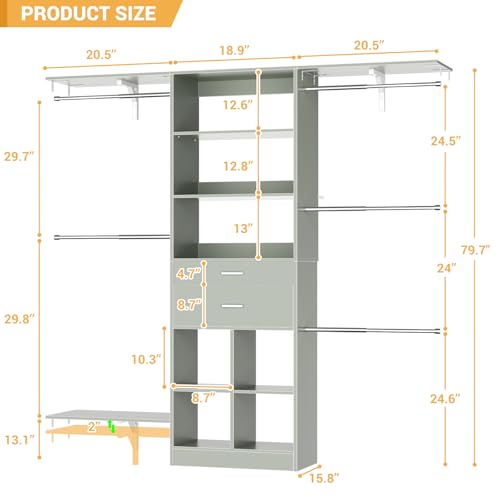 5FT Small Closet System, Baby Closet Organizer System with Wooden Drawers, 60 Inches Walk in Closet System with 5 Hanging Rods and 3 Reversible Hanging Shelving, Crab Green - color: Crab Green, size: 5 FT