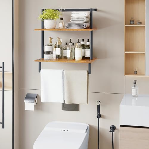 Wall Mounted Towel Rack for Bathroom, Bath Storage Holder 3-Tier Steel Wood Towel Shelf with Bar, Rustic Brown - color: Rustic Brown