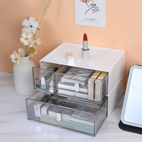 Desktop Storage Drawers, Plastic Desk Organizer with 1 Large Drawer, Modular Stackable Toolbox Units for Office Stationary, Makeup Container, Bathroom Countertop (1 Tall Layer, White & Clear) - color: 1 Tall Layer & 1 Drawer, White & Clear