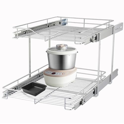 DINDON 2 Tier Pull Out Cabinet Organizer (20" W X 18" D), Double Tier Wire Basket Slide Out Shelf Storage for Kitchen Base Cabinet Organization for Kitchen, Pantry, Bathroom, Chrome - size: 20'' W X 18'' D