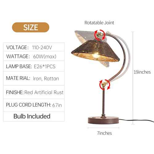 Woven Rattan Bedside Table Lamp for Bedroom, Boho Plug in Handmade Rattan Shade & Anti-Rust Iron Base Desk Lamp, Plug & Play Vintage Dark Brown Nightstand Lamp for Living Room, Office ¡¼Bulb Included¡½
