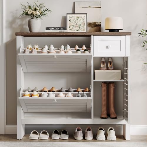 ONBRILL Shoe Storage Cabinet with 2 Flip Drawers, 1 Drawer, 1 Side Cabinet, Narrow Shoe Organizer with Ventilated Grille Panel & Movable Shelves, Freestanding Hidden Shoe Rack for Entryway (White)