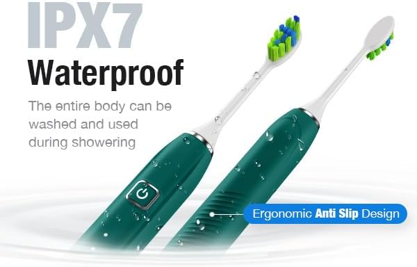 7AM2M Ultrasonic Electric Toothbrush with 6 Brush Heads for Adults&Kids, Type C Charging, One Charge for 120 Days, 5 Modes&40000VPM Powered Toothbrush, 2 Minutes Built in Smart Timer (Peacock Green)