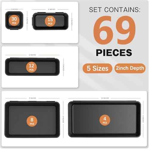 69PCS Large Plastic Interlocking Drawer Organizer, 5 Sizes Versatile Desk Drawer Organizer Trays, Drawer Dividers, Organization and Storage Bins for Tools,Office,Jewelries,Kitchen Utensils and Makeup