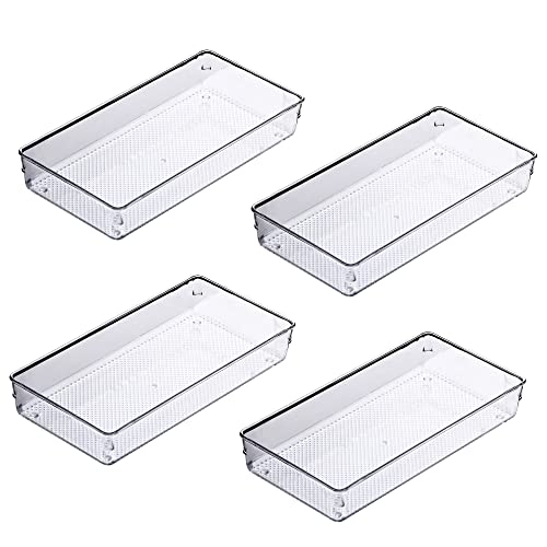 4Pack Large Size Clear Plastic Desk Drawer Dividers Drawer Organizer Wide Tray for Makeup,Kitchen Utensils,Jewelries and Gadgets 12’’x6’’ - size: 4P-12x6x2''