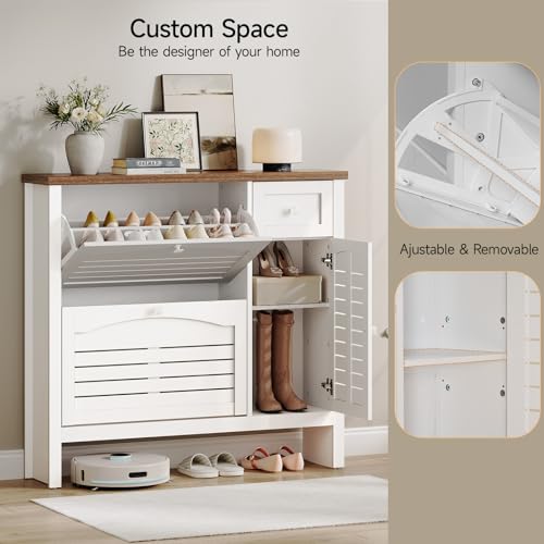 ONBRILL Shoe Storage Cabinet with 2 Flip Drawers, 1 Drawer, 1 Side Cabinet, Narrow Shoe Organizer with Ventilated Grille Panel & Movable Shelves, Freestanding Hidden Shoe Rack for Entryway (White)