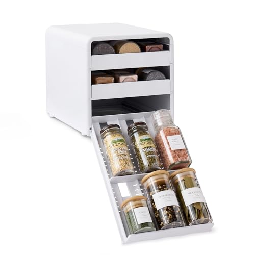 YouCopia SpiceStack,18-Bottle Adjustable Spice Rack Organizer, Pull-Out Seasoning Holder for Kitchen Cabinet and Pantry Storage with 104 Labels and Adjustable Dividers, Speckled White - style: 18-Bottle