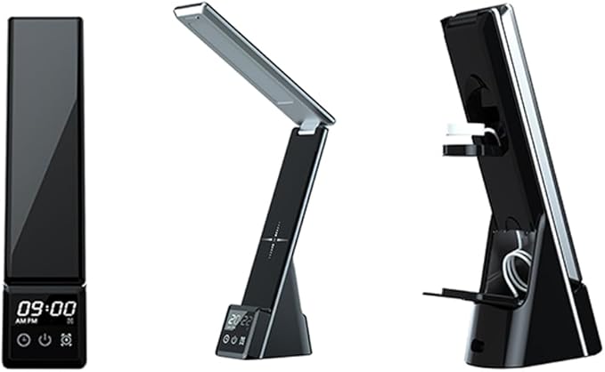 IHAO 6in1 Multifunctional Foldable LED Desk Lamp with Wireless Charger Digital Alarm Clock Eye-Care Lighting 3 Color Modes 15W Qi Charger for Phone/Headphones, Apple Watch Compatible-Black