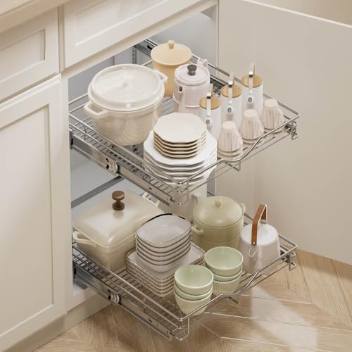 DINDON 2 Tier Pull Out Cabinet Organizer (20" W X 21" D), Double Tier Wire Basket Slide Out Shelf Storage for Kitchen Base Cabinet Organization for Kitchen, Pantry, Bathroom, Chrome - size: 20'' W X 21'' D