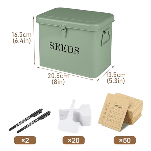 Seed Storage Organizer, T-Shape Compartment Seed Box with Safety Lock, Metal Seed Saving Box, Portable Seed Bin Container with Handle, Including 2 Pens 20 Plant Labels 50 Seed Envelopes-Green - color: Tall-Green