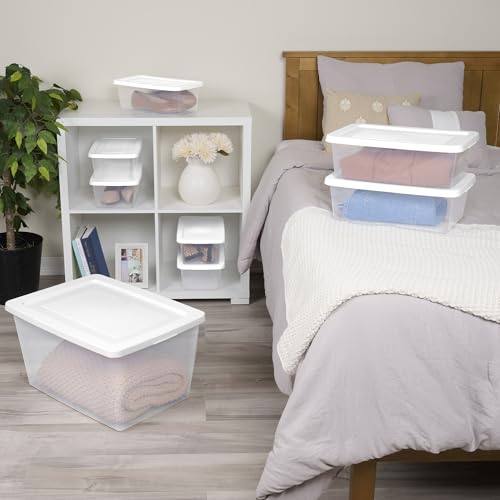 Sterilite 32 Pack Storage Box, 20 Quart Stackable Tote, Clear Plastic Container with Secure Snapping Lids for Home and Office Organization, White - size: 20 Quart, style: 32