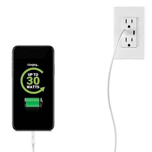 Leviton 30W (6A) USB Dual Type-C/C Power Delivery In-Wall Charger with 15A Tamper-Resistant Outlet USB Charger for Smartphones Tablets Laptops T5635-E Black