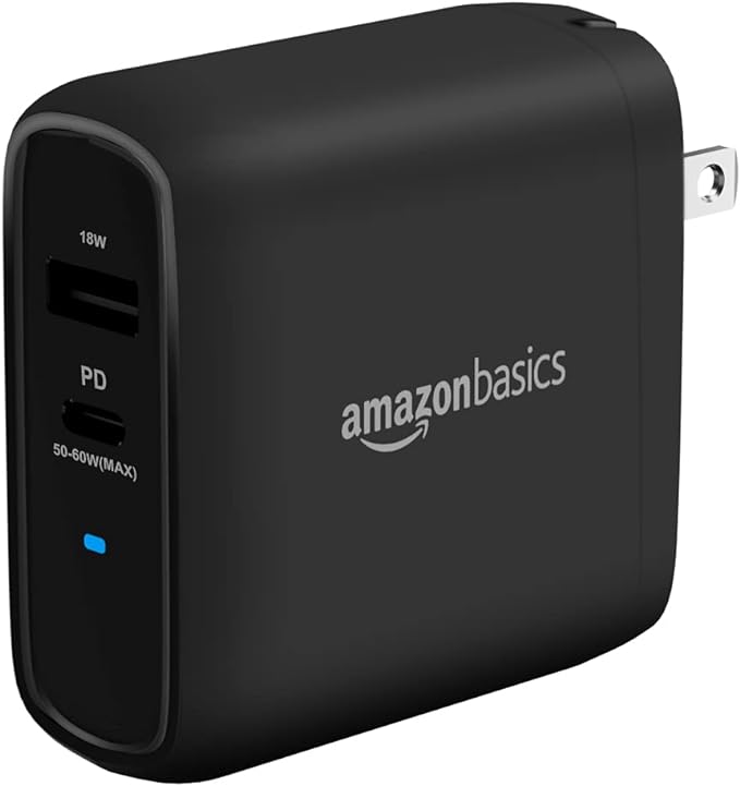 Amazon Basics 68W Two-Port GaN Wall Charger with 1 USB-C (60W) &amp 1 USB-A Ports (18W) with PD for Laptops Tablets &amp Phones (iPhone 16/15/14/13/12/11/X iPad MacPro Samsung More) Non-PPS B
