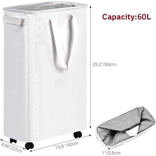 efluky Slim Laundry Hamper with Wheels, Rolling Laundry Basket for Clothes, Small Laundry Basket for Bedroom, Dorm and Laundry Room, 60L (12.7 Gallons) White