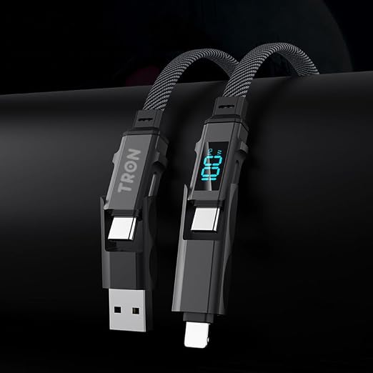 TRON 4-in-1 Braided Charger Cable 100W 5FT Type-C/USB-A/L Port for iPhone/iPad/Android/Laptop LCD Display TR52