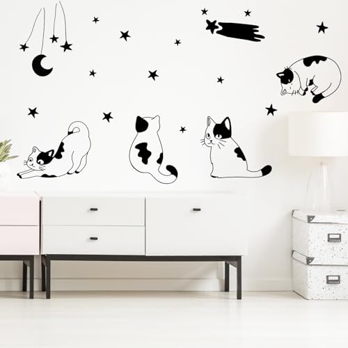 Cartoon Minimalist Cats Stars Wall Stickers for Living Room Nursery Animal Wall Decals Removable Peel and Stick Wall Art Home Decor Decoration for Preschool Bedroom Bathroom Classroom Library