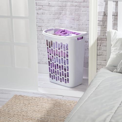 1.8 Bushel Slim Rectangular Laundry Hamper with Through Handles, Space-Saving Plastic Laundry Basket for Narrow Spaces, Ventilated Design, White, 20 x 13.1 x 24 Inches