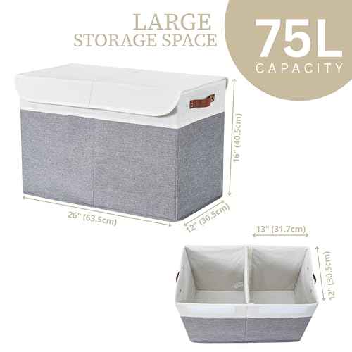 DECOMOMO Large Toy Storage Box with Lid - 25L x 12W x 16H inches Toy Chest Storage Bin with Divider for Kids, Nursery, Playroom (Grey & White)